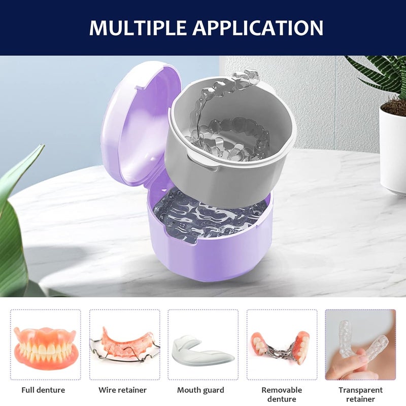 DTDIATOOL Denture Case, Denture Bath, Denture Cups for Soaking Dentures, Denture Brush with Case, Denture Bath with Rinsing Basket, Easy to Carry and Clean Retainer Case Denture Cleaning kit - Image 2